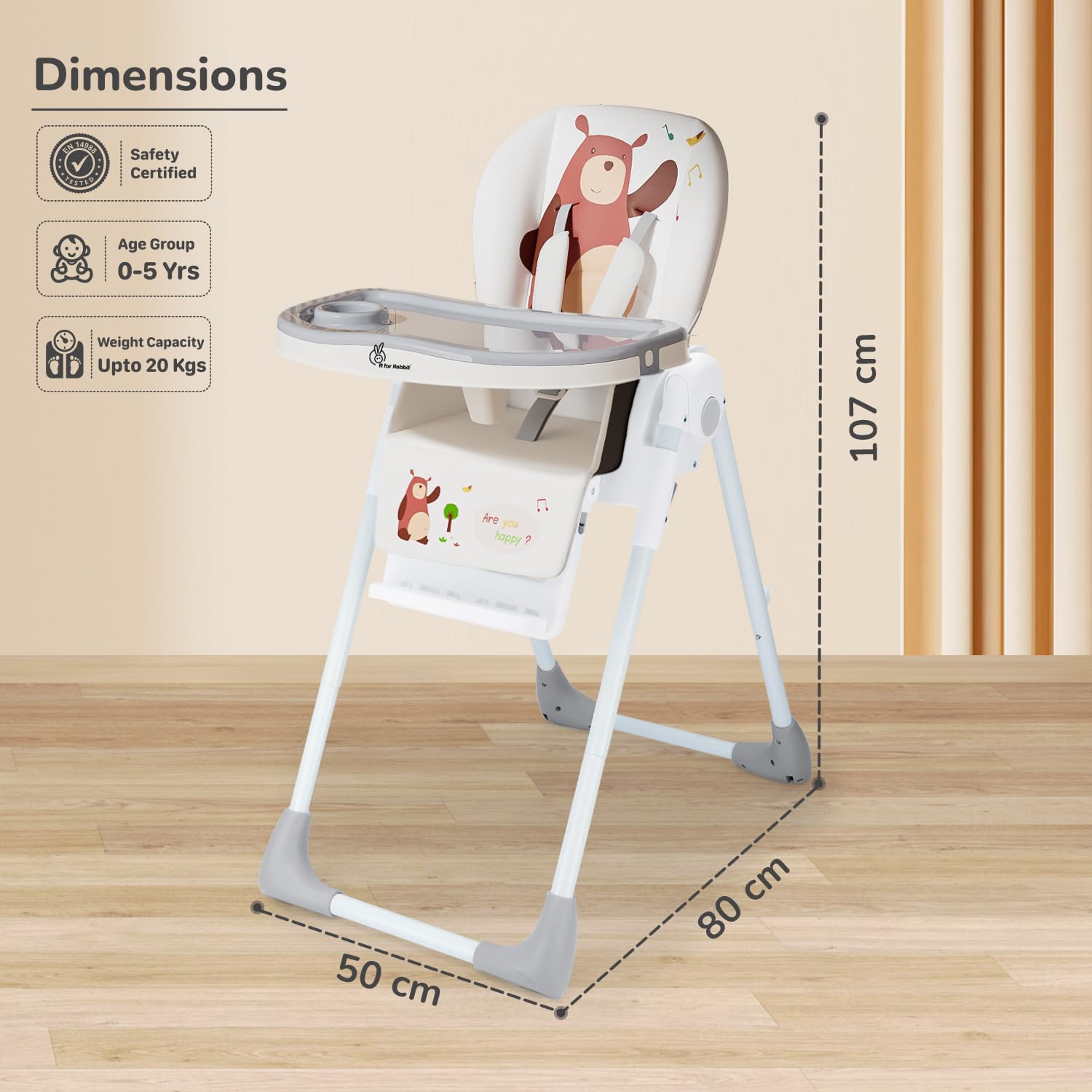 Marshmallow Lite Baby Feeding High Chair for babies, adjustable to 6 levels, with a cute bear design on the backrest and a removable tray. Ideal for baby feeding time on usmile.toys. www.usmile.toys
